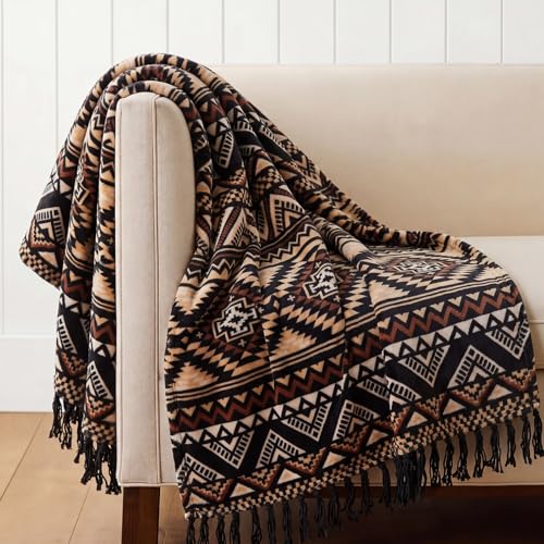 Boho Tassel Throw Blanket-Farmhouse Western Flannel Bohemian Blanket | Vintage Native Mexican Decorative Throw, Ideal for Gifting, For Bed Sofa, 60x80in, Brown Black - color: Brown Black, size: 60X80