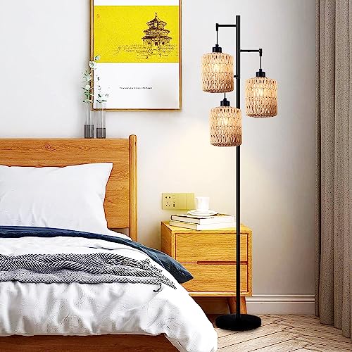 QIYIZM Floor Lamp for Living Room,Bedroom,3-Lights Boho Rattan Tree Floor Lights,Industrial Black Farmhouse Standing Lamp Wicker Rustic Tall Lamp,Woven Bamboo LampShade Floor Lamps Bohemian - size: 20-Floor Lamp