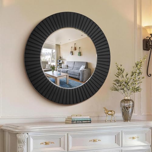 36'' Black Circle Mirror for Bathroom, Large Round Mirror with Wood Frame, Elegant Accent Rustic Black Mirrors for Living Room, Dining Room, Bedroom, Entryway - color: Black, size: 36"L x 36"W