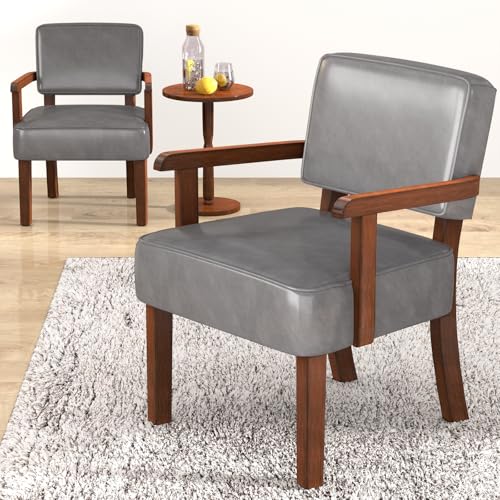 Accent Chairs Set of 2, 2 Solid Wood Armchairs with Side Table | Faux Leather Chair with Soft Thicken Cushion, Comfy Reading Chair for Bedroom, Waiting Room, Home Office, Easy Assembly - color: Faux Leather Gray, size: Set of 2 with table
