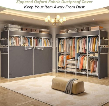 Raybee Heavy Duty Clothes Rack with Cover, 1150lbs Capacity, Adjustable | 76" W Freestanding, Zipper Dust Cover, 5 Rods & 6 Shelves, Tool-Free Assembly, Space-Saving for Closet, Bedroom, White - color: White, style: Clothing Rack with Cover