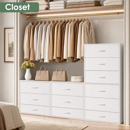 PrimeZone 3 Drawers Wood Closet Dresser Stackable Storage Organizer White | Modular Chest Cabinet Clothes Short Small Low Deep Bedroom Dorm Underbed Wardrobe Nursery Office Inside Pull Out Space Saving