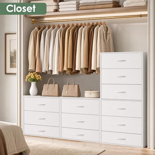 PrimeZone 3 Drawers Wood Closet Dresser Stackable Storage Organizer White | Modular Chest Cabinet Clothes Short Small Low Deep Bedroom Dorm Underbed Wardrobe Nursery Office Inside Pull Out Space Saving