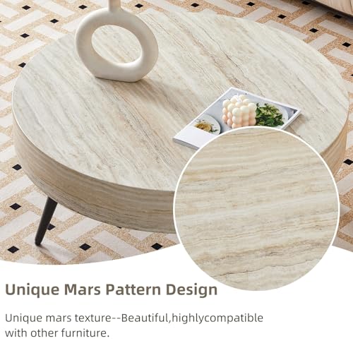 Round Coffee Table, Mid Century Small Coffee Table with Metal Legs, Wood Coffee Table Accent Center Table for Living Room Apartment Small Space (31.5''D-Stone Travertine Pattern) - color: Stone Travertine