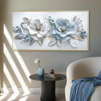 Phahey Ethereal Dreamy Light Blue Floral Wall Art, Framed & Ready to Hang with Hooks White Leaf Print 20"x40" - color: Light Blue Flower, size: 100L x 50W cm