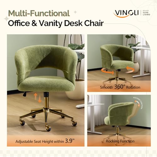 VINGLI Modern Curved Office & Vanity Desk Chair, Cute Upholstered Nail Chair with Wheels & 360° Swivel & Club & Tilting & Gold Base, for Bedroom, Living Room, Makeup, Velvet Chenille, Green - color: Green