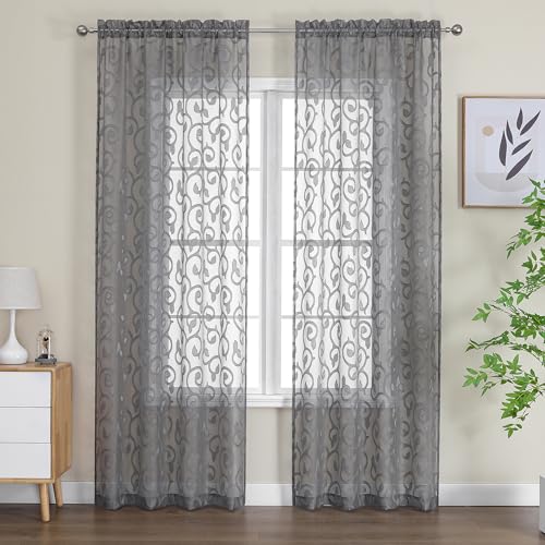 Furman Sheer Charcoal Gray Curtains 90 inches Long for Bedroom Living Room 2 Panels Set, Light Filtering Soft Semi Sheer Jacquard Clip Farmhouse Curtains Rod Pocket Design, Each 52Wx90L inch - color: Charcoal Gray, size: 52"W x 90"L (Pack of 2)