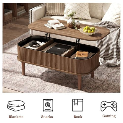 Fluted Lift Top Coffee Table with Hidden Storage, Oval Coffee Table with Lifting Top, Mid Century Modern Design for Living Room, Office & Small Spaces, Walnut - color: Walnut