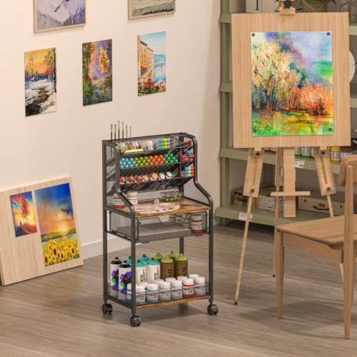 Small Rolling Utility Cart with Drawer, Metal Craft Storage Cart with Lockable Wheel, Versatile Art Organizer with 6 Tiers & Removable Dividers for Drawing Room, Store Paint & Artifact, Patent Pending - size: 3 Tiers