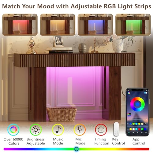 60-Inch Long Entryway Table with Built-in Power Outlet and App & Button-Controlled RGB Light, Thick Wood Farmhouse Console Table for Behind Sofa, Narrow Hallway, Living Room, Foyer, Entrance, Walnut - color: Walnut, size: 60 Inch