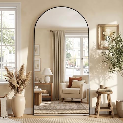 41"×81" Arched Full Length Floor Mirror, Standing Mirror with Aluminum Frame, Large Body Mirror of Free Standing/Wall Mount/Leaning for Bedroom, Living Room, Dressing Room, Black - color: Black, size: 81"L x 41"W