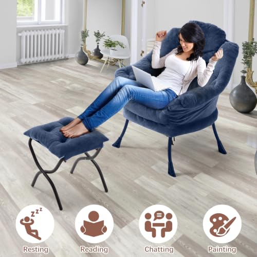 Lazy Chair with Folding Ottoman,Leisure Sofa Chair,Soft Fabric Armchair with Armrests and Side Pockets, Reading Chair with Footrest for Living Room, Bedroom, Office (Plush Navy) - color: Plush Navy