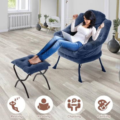 Lazy Chair with Folding Ottoman,Leisure Sofa Chair,Soft Fabric Armchair with Armrests and Side Pockets, Reading Chair with Footrest for Living Room, Bedroom, Office (Plush Navy) - color: Plush Navy