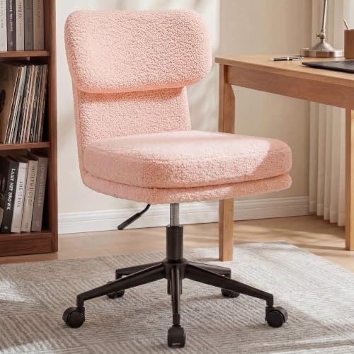 COMHOMA Vanity Chair with Ergonomic Curved Backrest, Home Office Desk Chair with Silent Wheel, Wide Seating Computer Chair for Girls Women Bedroom, Soft Teddy Fabric, Pink - color: Pink, Teddy Fleece