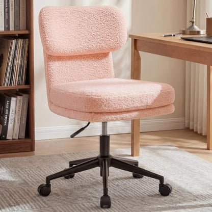 COMHOMA Vanity Chair with Ergonomic Curved Backrest, Home Office Desk Chair with Silent Wheel, Wide Seating Computer Chair for Girls Women Bedroom, Soft Teddy Fabric, Pink - color: Pink, Teddy Fleece