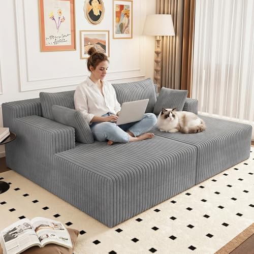 70.8" Oversized Boneless Double Chaise Lounge Chair Indoor, Upholstered Corduroy Cloud Chaise Lounges with 4 Pillow, Modern Deep Seat Loveseat Sleeper Sofa for Living Room Bedroom, Light Gray - color: 70.8" Light Gray