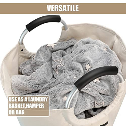 DOKEHOM 90L Large Laundry Basket Bag, Collapsible Tall Hamper, Beige | Freestanding tall washing bin & foldable laundry bag. High-capacity clothes storage basket with durable sturdy handles - color: Beige, size: 90L