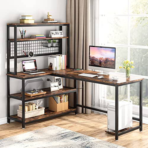 Tribesigns 55" Computer Desk Large Office Desk Study Table (Brown) | L-Shaped Writing Desk Workstation with Hutch, Wireless Charging, Open Storage Shelves, and Movable CPU Stand for Home Office - color: Brown