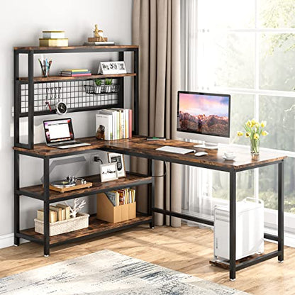 Tribesigns 55" Computer Desk Large Office Desk Study Table (Brown) | L-Shaped Writing Desk Workstation with Hutch, Wireless Charging, Open Storage Shelves, and Movable CPU Stand for Home Office - color: Brown