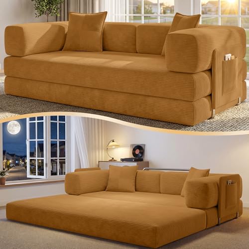 78.8" Convertible Futon Sofa Bed, Boneless Couch for Living Room | Corduroy Boneless Loveseat Sleeper Sofa, Modular Futon Couch with Storage Pocket, Pull Out Couch No Assembly | Yellow - color: Yellow