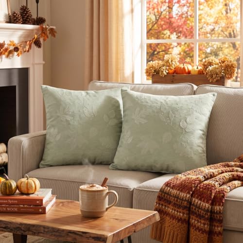 AVOIN colorlife Sage Green Jacquard Decorative Throw Pillow Covers Set of 2, 18 x 18 Inch Maple Leaf Woven Textured Cushion Case Home Decor for Couch Sofa Bed - color: Sage Green
