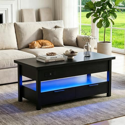 40" Lift Top Smart Coffee Table for Living Room | Power Outlets, LED Lights, Lifting Top, Storage Drawers & Compartments, for 4-6 People, Black - color: Black