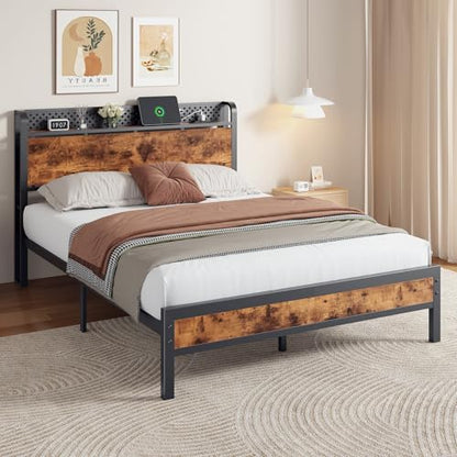 Queen Bed Frame with Headboard,Charging Station and LED Lights | Metal Platform Bed with Charging Station and LED Lights, Noise Free, Easy Assembly,No Box Spring Needed, Brown - size: Queen