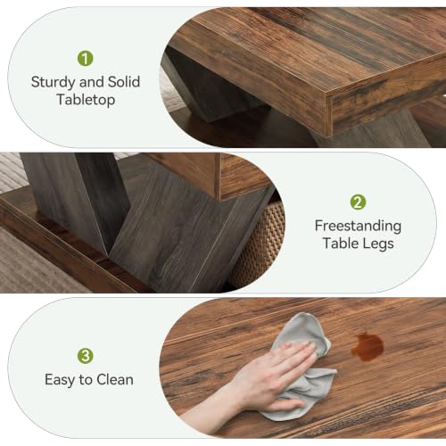 LITTLE TREE Coffee Table, Farmhouse Coffee Table with Large Storage Shelf | 2-Tier Rustic Wood Modern Center Table for Living Room、Home Office, Brown and Black - color: Black+brown