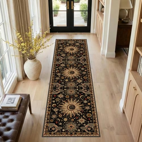 Vacuum-Friendly, 2x8 Washable Area Rug, Black Gold Beige Red | Sun and Moon Boho Gothic Non-Slip Low Pile Living Roon Bedroom Dining Room Kitchen Entry Entryway Entrance Hallway Doormat - color: Black/Gold/Beige/Red, size: 2' x 8' (Runner)