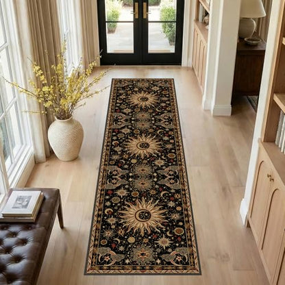 Vacuum-Friendly, 2x8 Washable Area Rug, Black Gold Beige Red | Sun and Moon Boho Gothic Non-Slip Low Pile Living Roon Bedroom Dining Room Kitchen Entry Entryway Entrance Hallway Doormat - color: Black/Gold/Beige/Red, size: 2' x 8' (Runner)