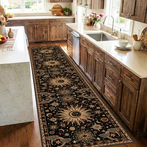 Vacuum-Friendly, 2x10 Washable Area Rug, Black Gold Beige Red | Sun and Moon Boho Gothic Non-Slip Low Pile Living Roon Bedroom Dining Room Kitchen Entry Entryway Entrance Hallway Doormat - color: Black/Gold/Beige/Red, size: 2' x 10' (Runner)