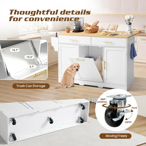 60" Kitchen Island with Power Outlet, Drop Leaf, Trash Can Storage | Rolling Kitchen Island Table Cart Cabinet with Drawer, Mobile Kitchen Cabinet on Wheels w/Spice Rack, Towel Bar, Hooks - color: White, size: 60"
