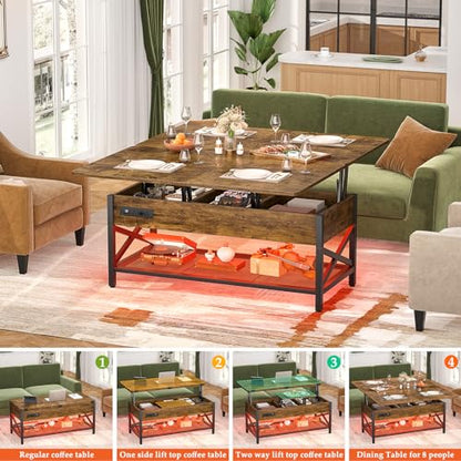 Aheaplus Coffee Table Lift Top with LED Light and Power Outlet, Multi-Function Coffee Table Converts to Dining Table, Center Table with Shelves for Living Room Reception Home Office, Rustic Brown - color: Rustic Brown