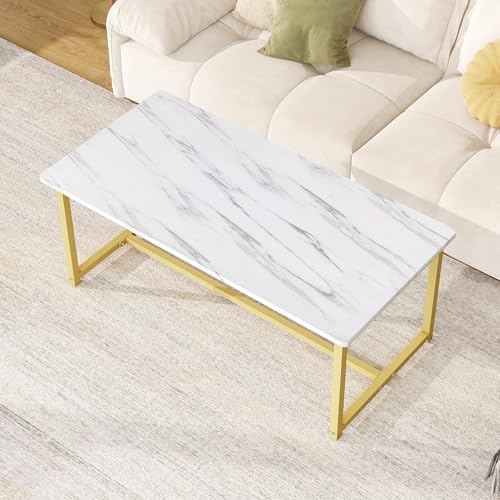 35.4" Rectangular Coffee Table, Modern Industrial Style Coffee Table Center Table with Metal Frame for Small Space Living Room, Apartment, Office, Easy Assembly, White - color: White