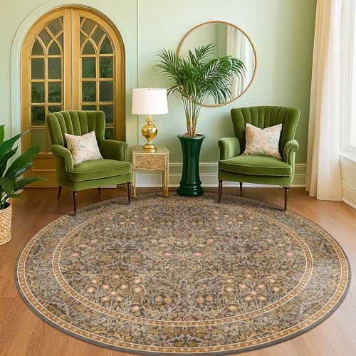 Boho 8ft Brown Circle Rug for Living Room, Vintage Botanical Floral Area Rug for Dining Room, Bedroom Under Bed, Non Slip with Rubber Backing, Southwestern Home Décor - color: Gold Brown, size: 8' (Round)