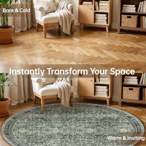 Sasttie Round Rug 8ft, Ultra-Soft Washable Rug for Living Room, Dark Green | 8 feet Thin Carpet for Apartment & Bedroom, Low-Pile Faux Cashmere, Non-Slip Backing, Skin-Friendly, Stain Resistant - color: Dark Green, size: 8' (Round)