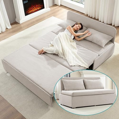 BALUS 64" W Queen Size Pull Out Sleeper Sofa Bed Couch with Pullout Bed | 2 in 1 Convertible Linen Loveseat Sofa Sleepers with Pillows and Tri-fold Mattress for Small Space Loft Home Office, Beige - color: Beige, size: Queen