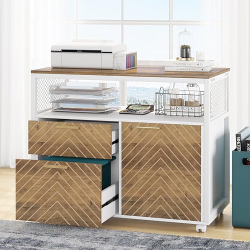 Tribesigns Modern File Cabinet with Drawers for Letter-Sized File and Door, lateral Filing Cabinet Printer Stand with Storage Shelves and with Rolling Caster for Home Office - color: Rustic