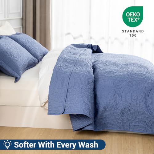 SheRest King Quilt Bedding Set - Grayish Blue Soft Breathable Bed Quilt, Modern Style Embossed Bedspreads, Lightweight Microfiber Reversible Coverlet for All Seasons-3 Pieces (1 Quilt,2 Pillow Shams) - color: Grayish Blue, size: King (104" x 90")