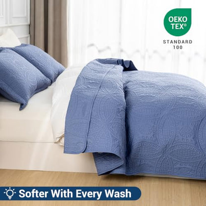 SheRest King Quilt Bedding Set - Grayish Blue Soft Breathable Bed Quilt, Modern Style Embossed Bedspreads, Lightweight Microfiber Reversible Coverlet for All Seasons-3 Pieces (1 Quilt,2 Pillow Shams) - color: Grayish Blue, size: King (104" x 90")