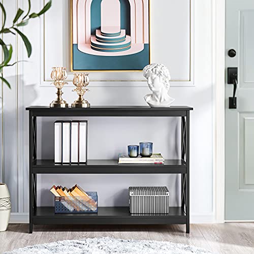 Yaheetech 42" L Black Console Table 3-Tier Narrow X-Design Storage Shelves | Sofa Table for Entryway, Hallway and Living Room, Slim 14" Depth, Powder-Coated MDF, 88 lb Top and 44 lb Shelf Capacity - color: Black