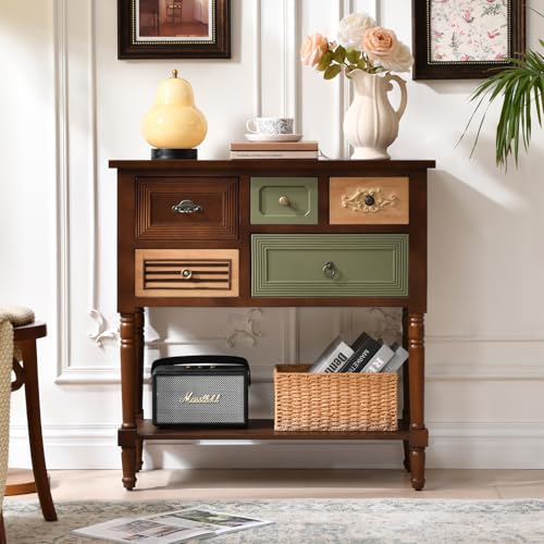Ahokua Vintage Accent Cabinet with 5 Drawers and Open Shelf, Multi-Tone Console Table with Turned Wood Legs, Mid-Century Entryway Table for Hallway or Living Room - color: 5-drawer Accent Cabinet