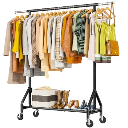 HYSEYY Heavy Duty Clothes Rack Load 450 LBS, Metal Garment Rack, Standing Rolling Clothing Rack for Hanging Clothes with Sturdy Wheels & Shelves, Portable Closet Wardrobe Rack,Black - color: Black