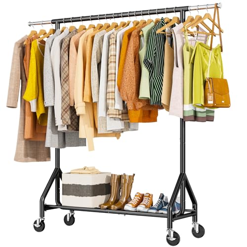 HYSEYY Heavy Duty Clothes Rack Load 450 LBS, Metal Garment Rack, Standing Rolling Clothing Rack for Hanging Clothes with Sturdy Wheels & Shelves, Portable Closet Wardrobe Rack,Black - color: Black