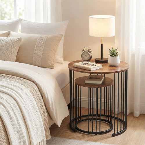 Nesting Side Tables Round Set of 2, Solid Wood End Tables Narrow with Storage Industrial Small Bedside Table Night Stand for Living Room, Bedroom, Sofa