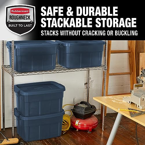 Rubbermaid Roughneck Tote 14 Gal, 6 Pack, Made in USA, Dark Indigo Metallic, Rugged Plastic Stackable Storage Bins with Lids and Handles - size: 14 Gal - 6 Pack