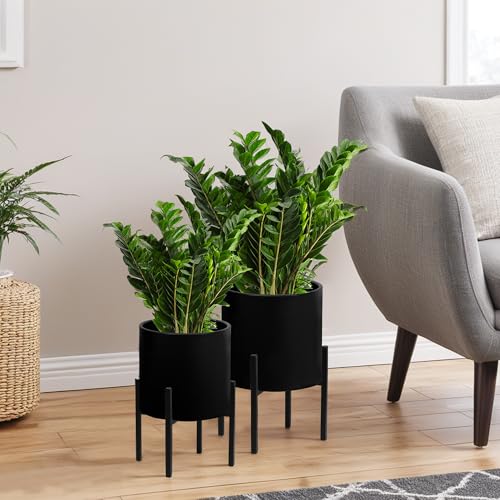 ARNIS Modern Plant Pots, Set of 2 Large Planters with Stand, Decorative Planters, Metal Pots with Drainage Holes for Living Room, Office, Garden or Balcony, 8.25 &10.5 Inch, Blcak - color: Black, size: 8.25 &10.5