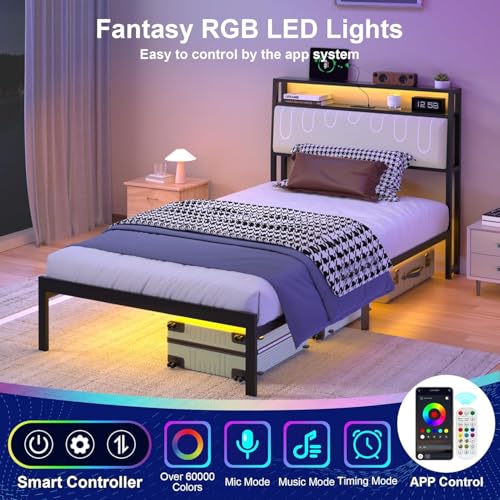 J.Fkne Twin Bed Frames with LED Lights & Charging Station, Metal Platform Frame with Upholstered Headboard, No Box Spring Needed, Noise Free, Easy Assembly - size: Twin, style: Minimalist