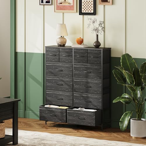 WLIVE 12 Drawer Tall Fabric Dresser Bedroom Storage Chest, Charcoal | Black tall 12-drawer fabric dresser with wood top, modern storage tower for bedroom home office closet living room - color: Charcoal Black Wood Grain Print