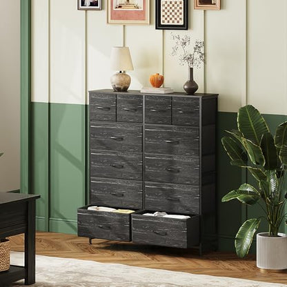 WLIVE 12 Drawer Tall Fabric Dresser Bedroom Storage Chest, Charcoal | Black tall 12-drawer fabric dresser with wood top, modern storage tower for bedroom home office closet living room - color: Charcoal Black Wood Grain Print
